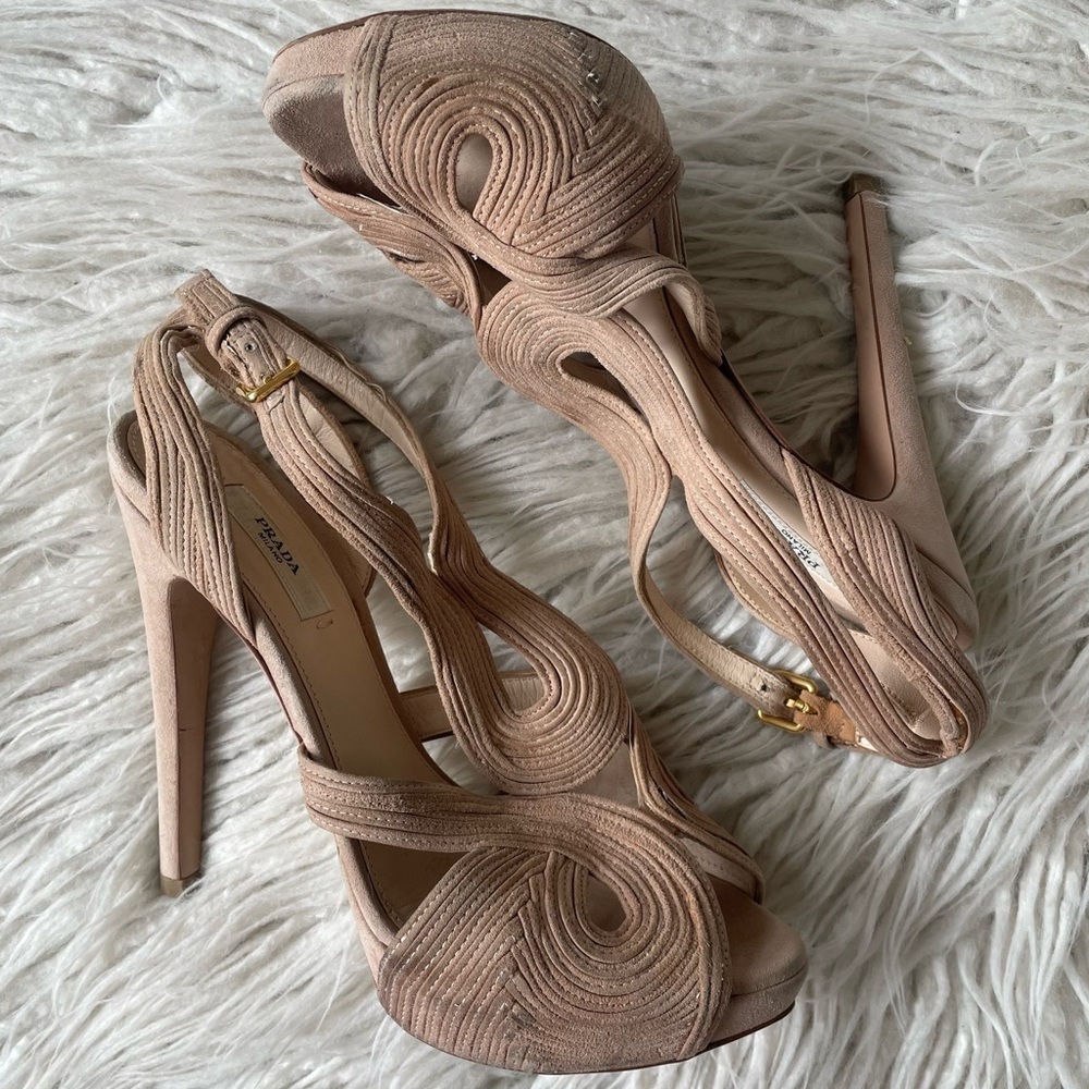 Prada Suede Beige Platform Slingback Peep Toe Swirl Stitch Heeled Sandals 37.5
